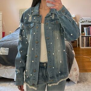 Women's Denim Jacket with Pearl Accents